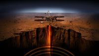 a squat, round lander sits on three metal legs on a reddish-orange dusty surface, with two large wing-like solar arrays, one on each side