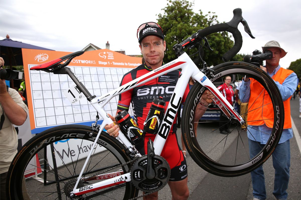 Cadel Evans shows off his custom BMC for his final appearance at the Tour Down Under