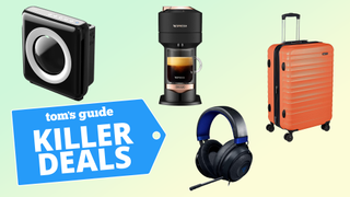 collage of coway air purifier, nespresso coffee maker, amazon basics suitcase, and gaming headphones