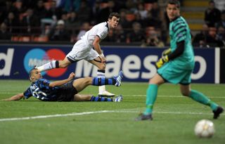 Gareth Bale scores his first of three goals for Tottenham against Inter in the Champions League group stages in October 2010.