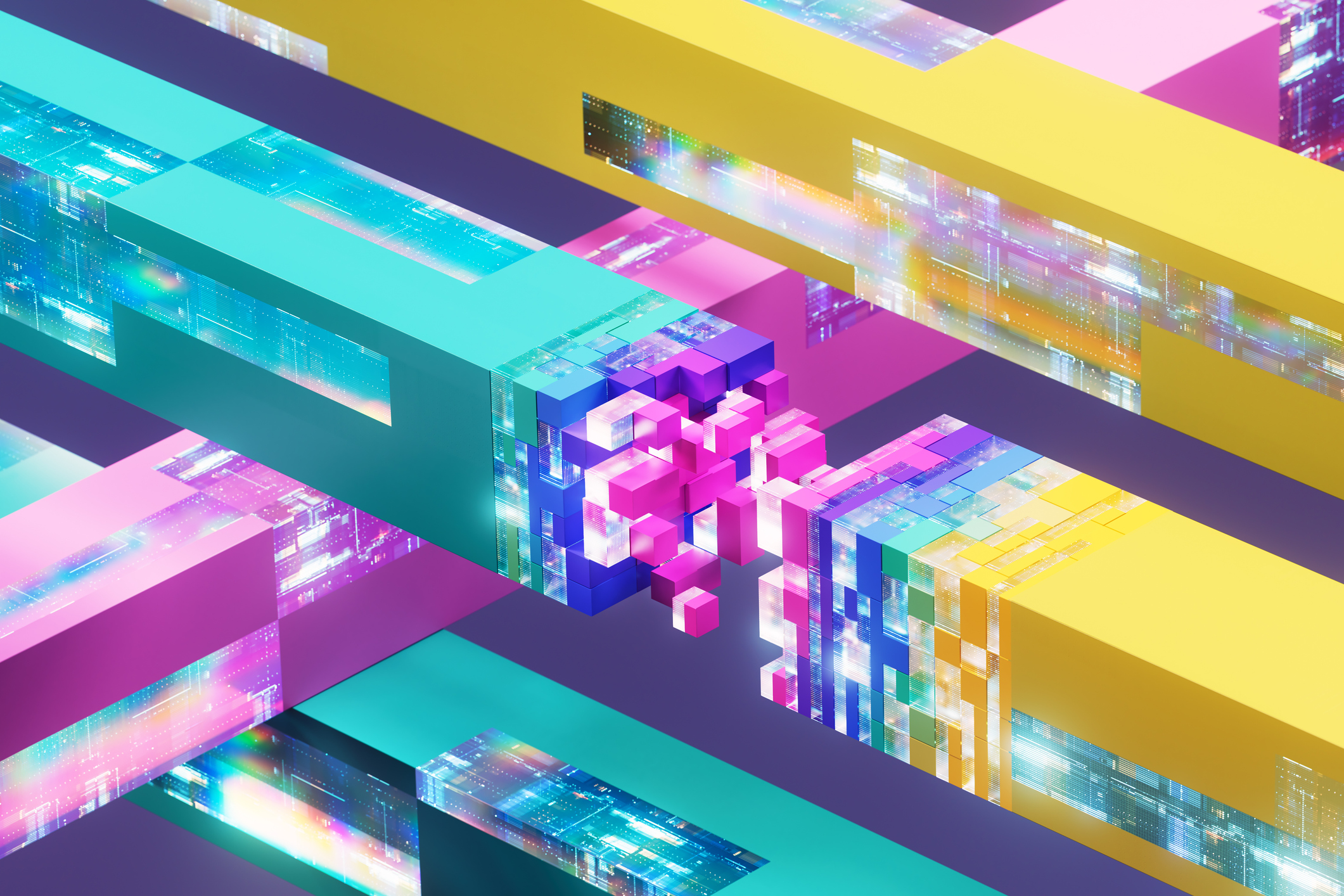 Colorful data streams merge into a central processing unit, symbolizing information in modern technology.