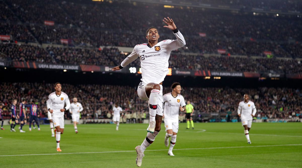 Marcus Rashford of Manchester United celebrates after scoring his team&#039;s first goal during the UEFA Europa League knockout round play-off match between Barcelona and Manchester United at the Camp Nou on 16 February, 2023 in Barcelona, Catalonia, Spain.