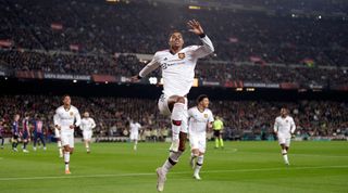 Marcus Rashford of Manchester United celebrates after scoring his team's first goal during the UEFA Europa League knockout round play-off match between Barcelona and Manchester United at the Camp Nou on 16 February, 2023 in Barcelona, Catalonia, Spain.