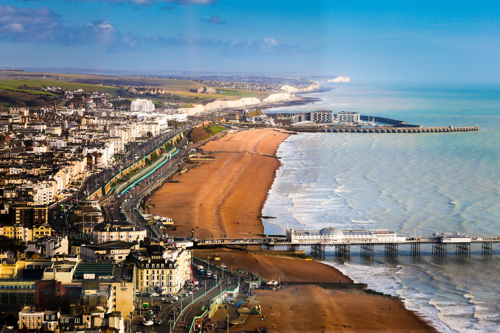 Wide angle aerial view of Brighton beach and coastline