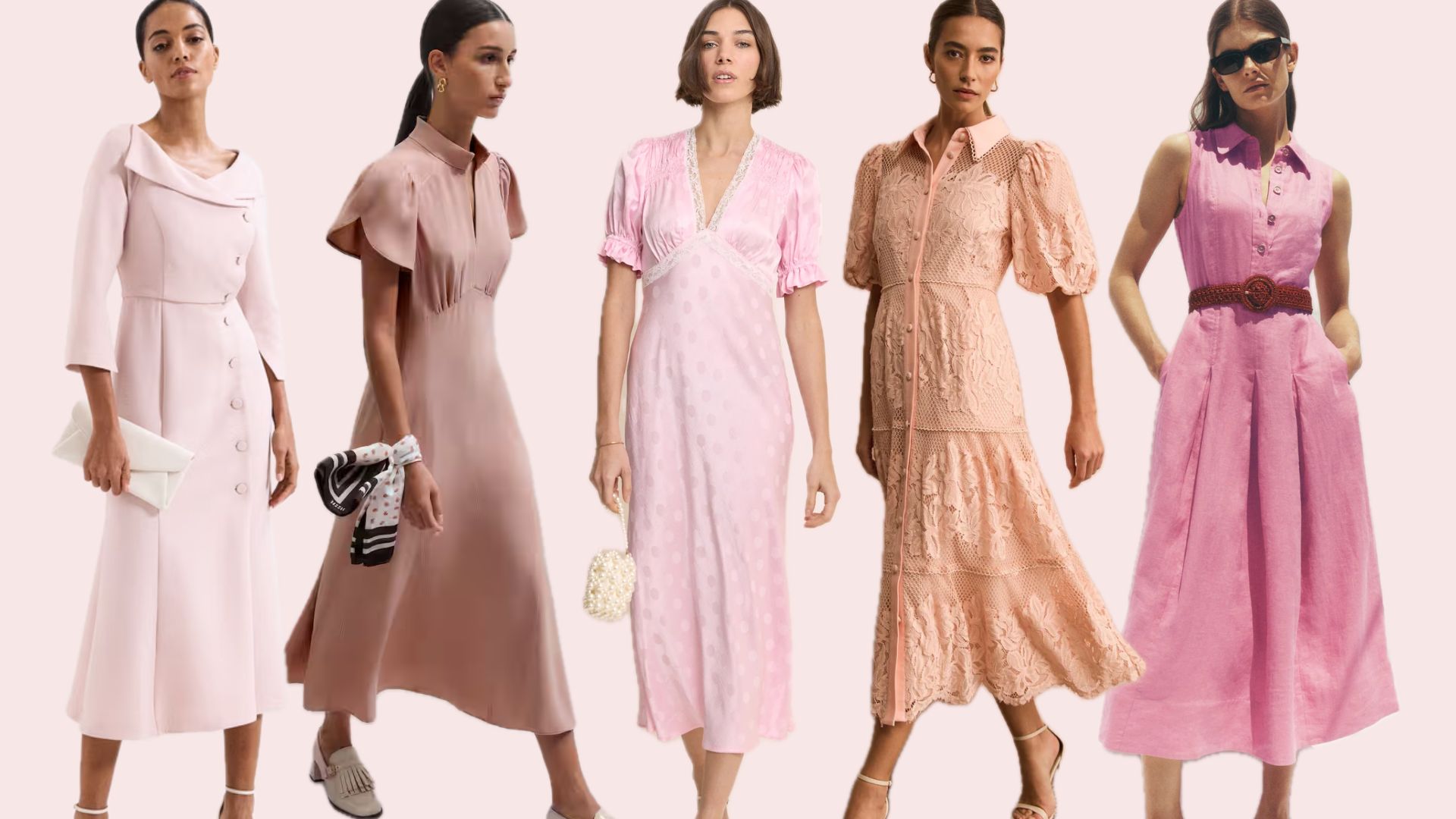 five models wearing dusty pink dresses