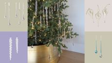 a collage of a christmas tree with teardrop ornaments and four examples of ornaments 