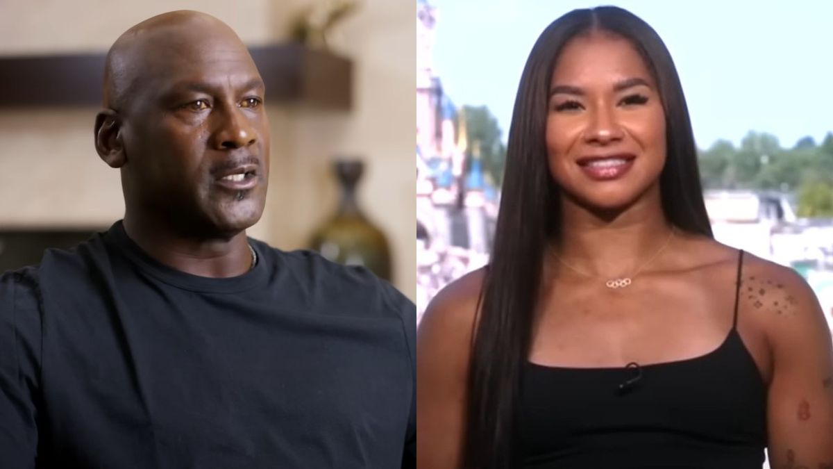 From left to right: Michael Jordan talking in The Last Dance and Jordan Chiles smiling into the camera on Good Morning America.