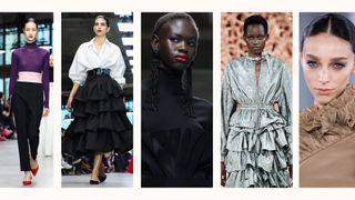 5 models at NYFW wearing ruffles and / or roll necks
