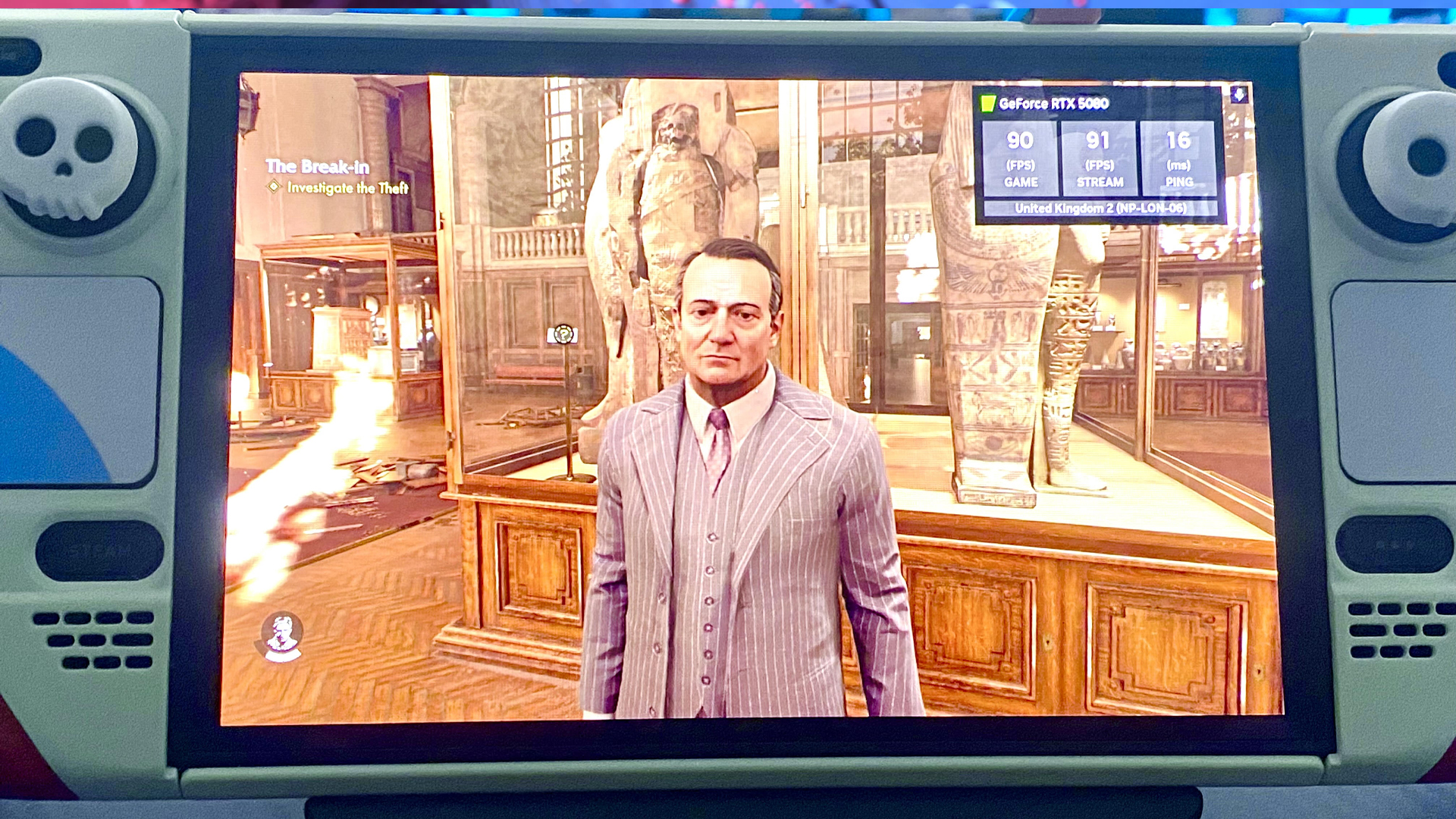 A scene in a museum from Indiana Jones on Steam Deck OLED played through GeForce Now