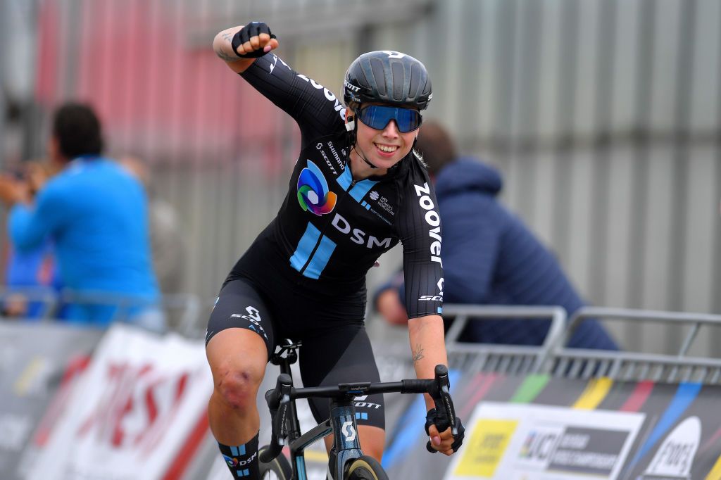 BRUGGE BELGIUM JUNE 23 Lorena Wiebes of The Netherlands and Team DSM stage winner celebrates at arrival during the 9th Lotto Belgium Tour 2021 Stage 1 a 1126km stage from Blankenberge to Bruges LottoBelgTour LottoBelgiumTour on June 23 2021 in Brugge Belgium Photo by Luc ClaessenGetty Images
