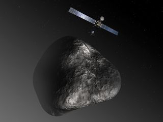 An artist's impression of the Rosetta orbiter deploying the Philae lander to comet 67P/Churyumov–Gerasimenko in August 2014.