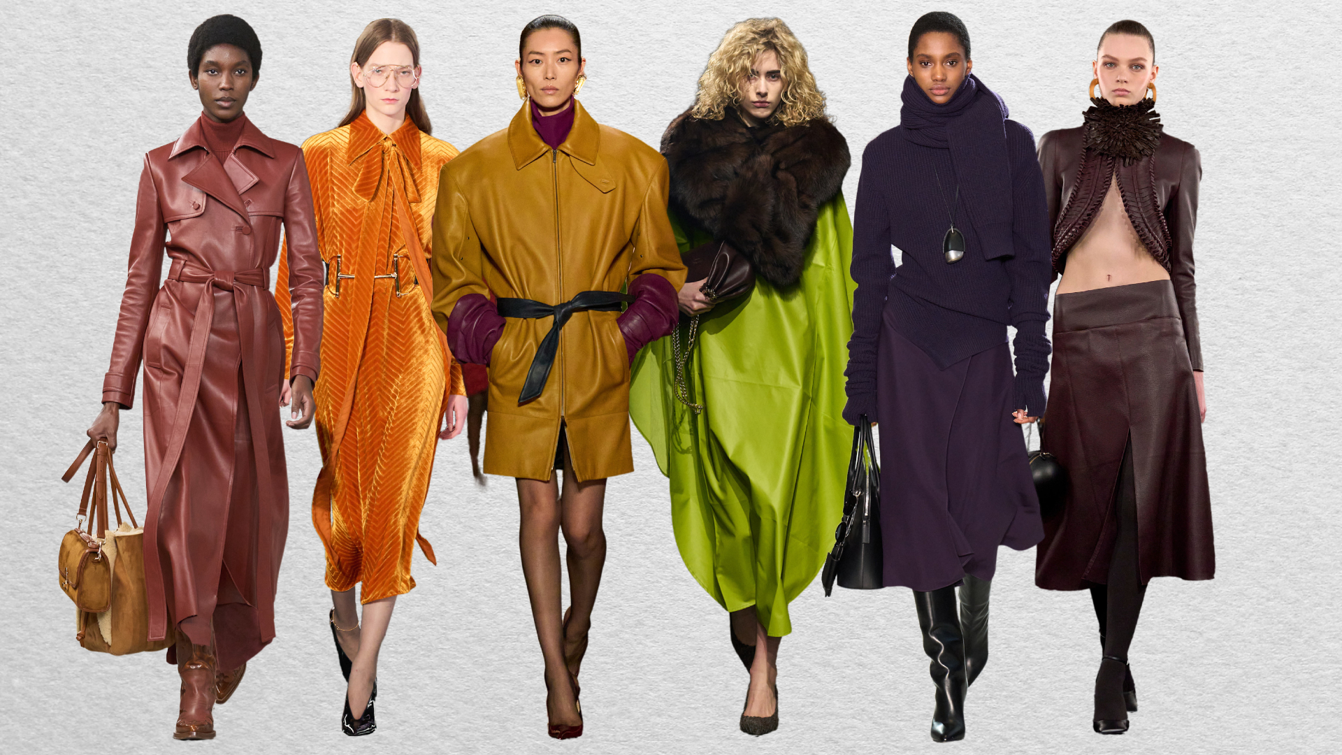 A collage of the fall 2025 red, purple, yellow, green, purple, and brown color trends on the runways