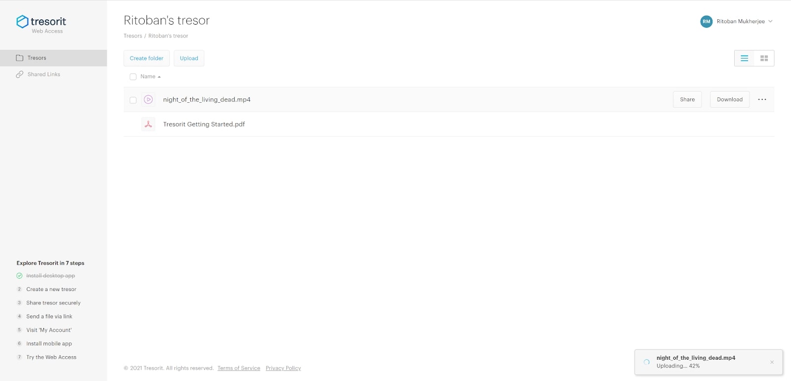 Tresorit's user interface in use