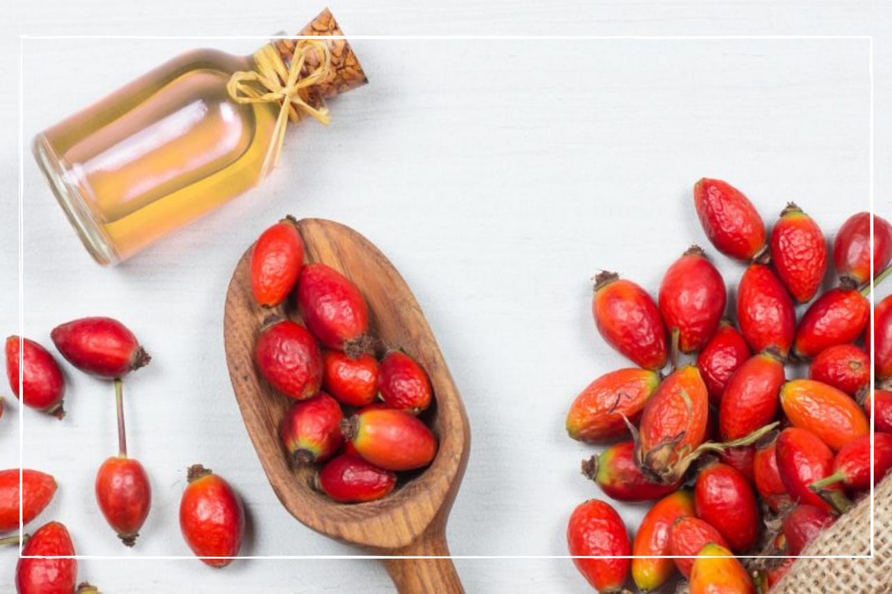 a close up of Rosehip oil and rosehip flowers