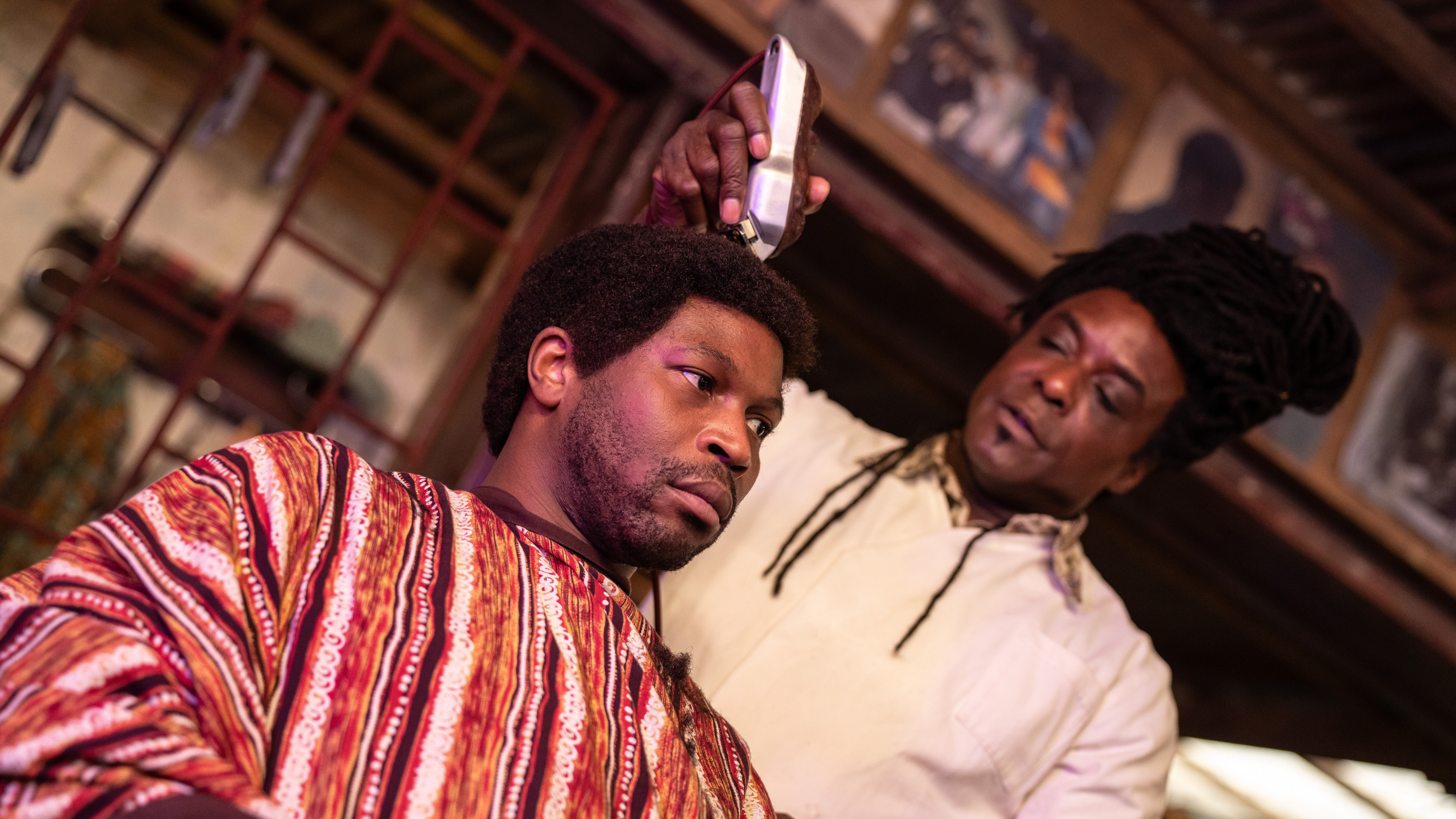 Stefan Adegbola as Rashid Abubakar and Aryion Bakare as the Barber in 'The Story & The Engine.'