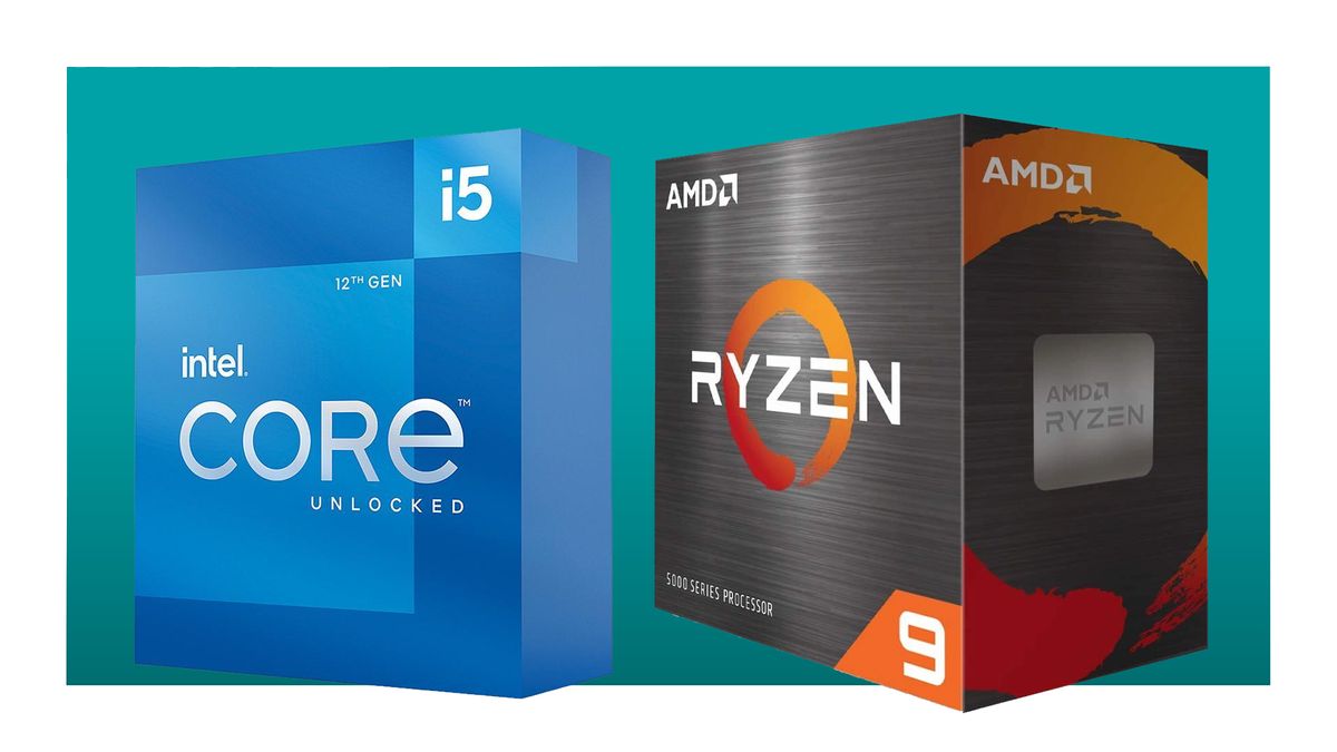 Two CPU boxes, one from Intel and one from AMD side by side on a blue background