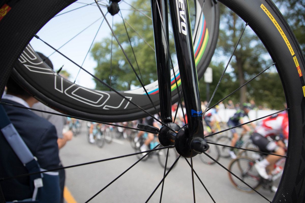A view of the race through Peter Sagan's front wheel