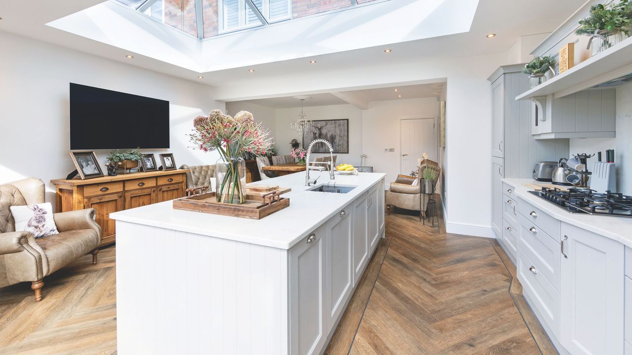 Flat roof kitchen extension with roof lantern to flood the space with natural light