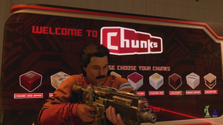 Starfield character aiming gun in front of "Chunk's"