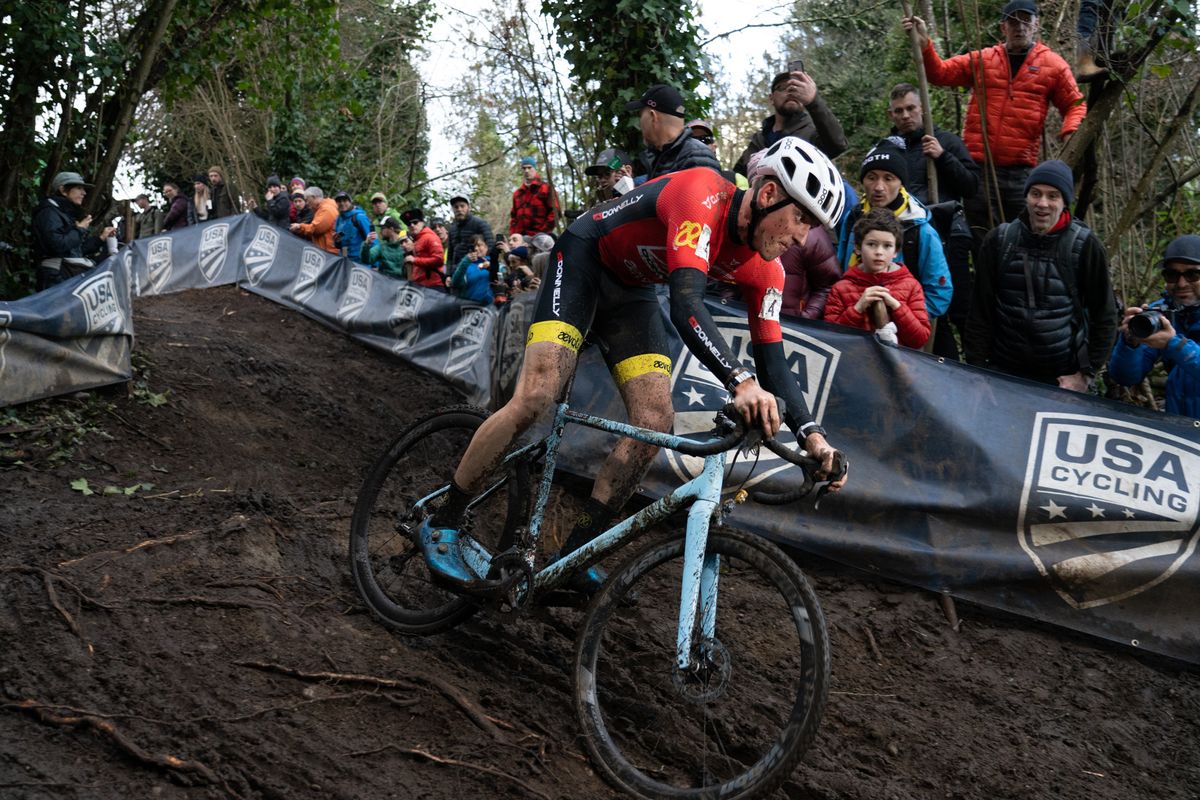 Gage Hecht (Donnely-Aevolo) en route to the elite men's title at the 2019 USA Cycling Cyclo-cross Championships