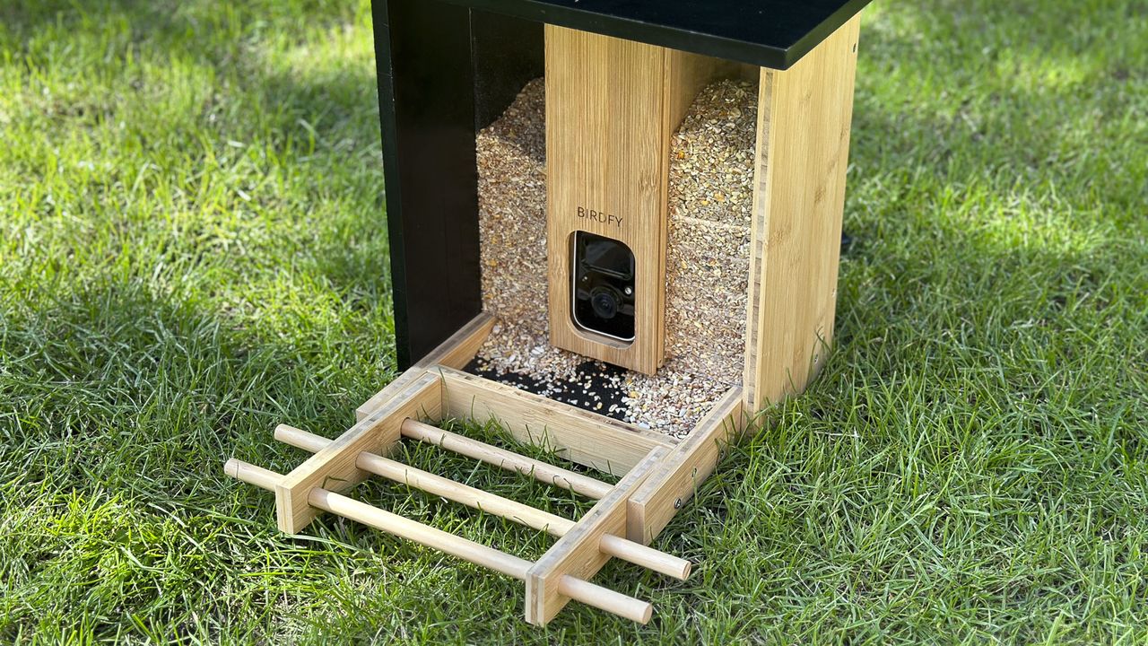 Netvue Birdfy Bamboo bird feeder camera outside on the grass