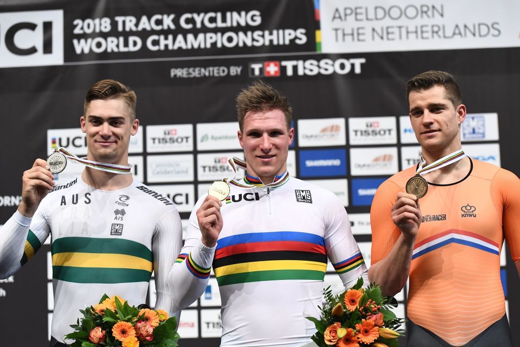 Matthew Glaetzer (Australia), Jeffrey Hoogland and Theo Bos (Netherlands) on the kilo podium