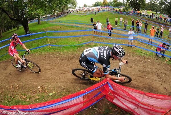 Ben Berden (Raleigh Clement) leading McNicholas on lap three