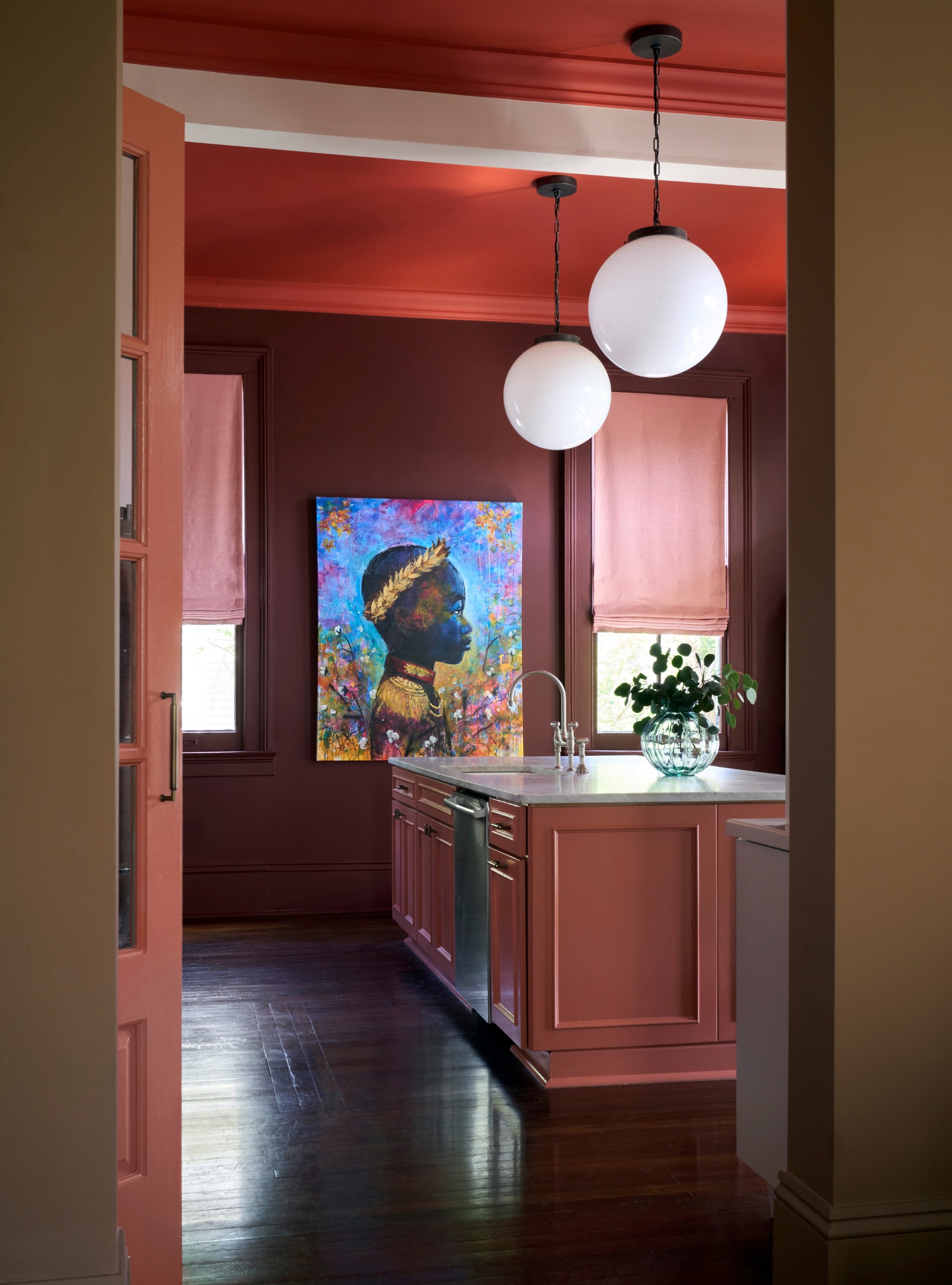 Brown burgundy kitchen with ceiling painted in Bamboozle by Farrow &amp;amp; Ball