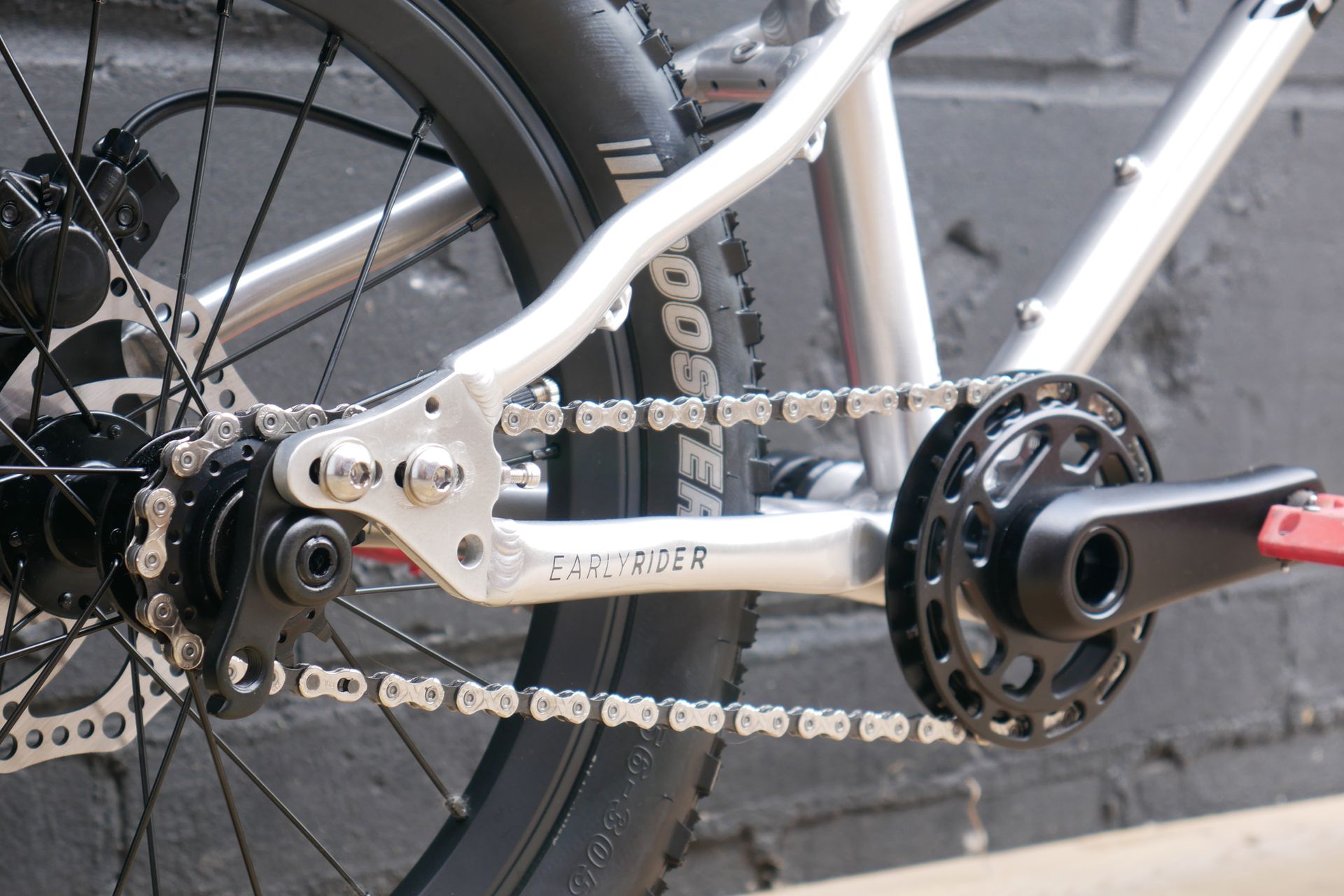 looking along the chainstay focusing in on the new dropout of the Seeker 16 from Early Rider