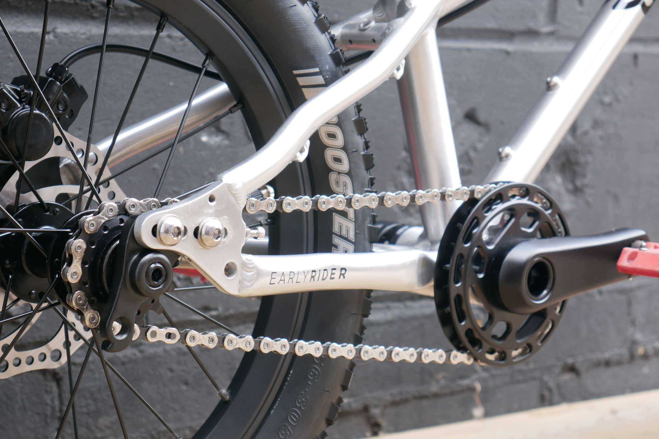 looking along the chainstay focusing in on the new dropout of the Seeker 16 from Early Rider