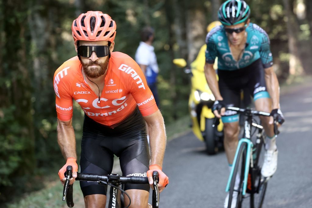 Escapees From L Team CCC rider Germanys Simon Geschke Team Vital Concept Cycling Club rider Frances Pierre Rolland climb the Selle Fromentel ascent during the 15th stage of the 107th edition of the Tour de France cycling race 175 km between Lyon and Grand Colombier on September 13 2020 Photo by KENZO TRIBOUILLARD AFP Photo by KENZO TRIBOUILLARDAFP via Getty Images