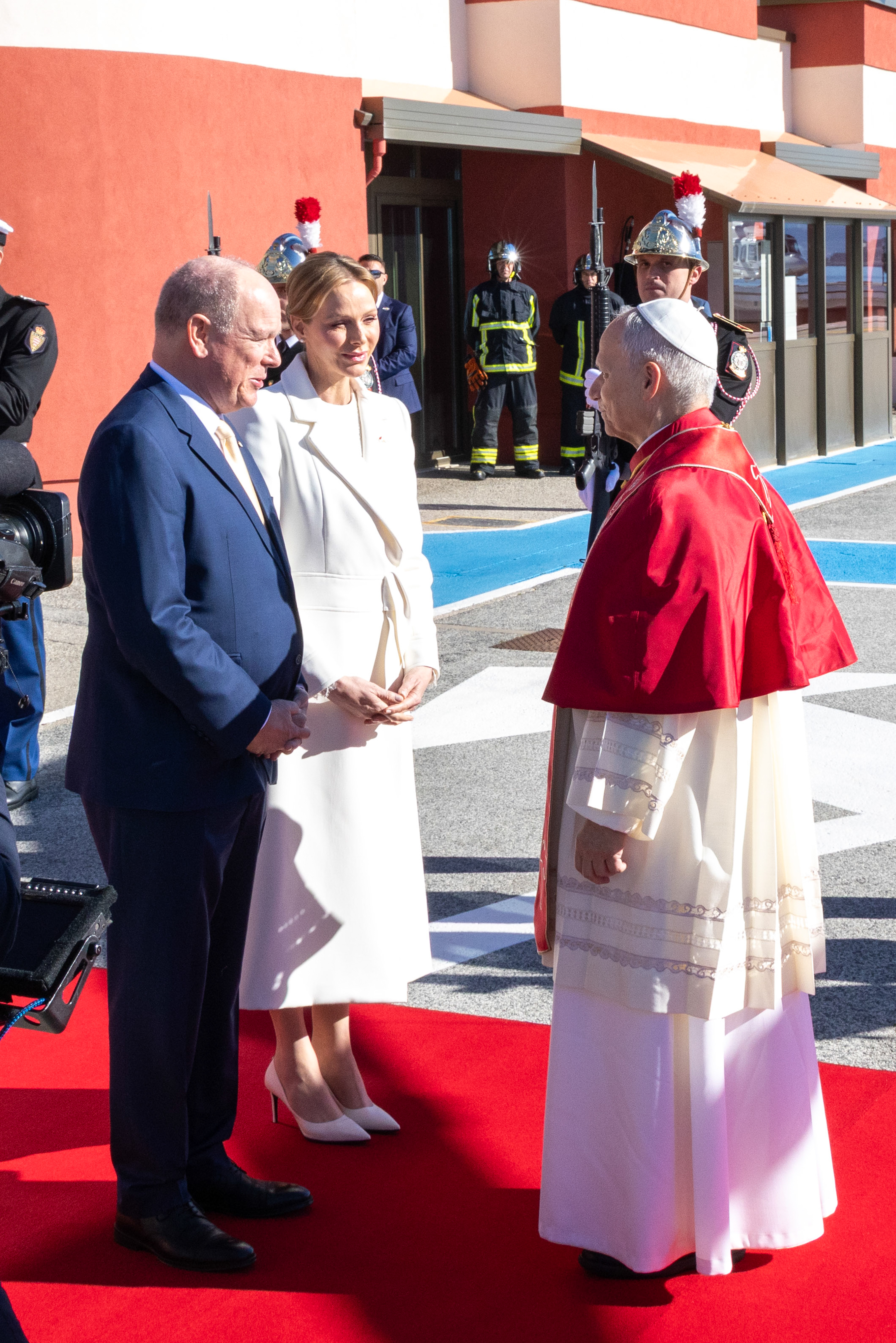 Princess Charlene of Monaco wears bridal white lace for Pope Leo XIV's visit to Monaco on March 28, 2026 in Monaco, Monaco