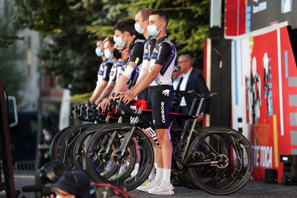 BURGOS SPAIN AUGUST 12 Fabio Aru of Italy and Team Qhubeka Nexthash and Teammates during the 76th Tour of Spain 2021 Team Presentation lavuelta LaVuelta21 CapitalMundialdelCiclismo catedral2021 on August 12 2021 in Burgos Spain Photo by Gonzalo Arroyo MorenoGetty Images