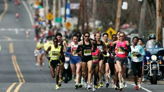 Elite female runners go through Framingham in the 2009 Boston Marathon