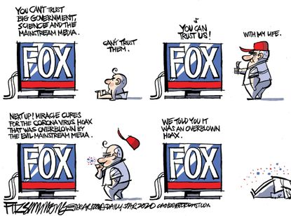 Political Cartoon U.S. Fox viewer lifecycle Fox news calls virus hoax