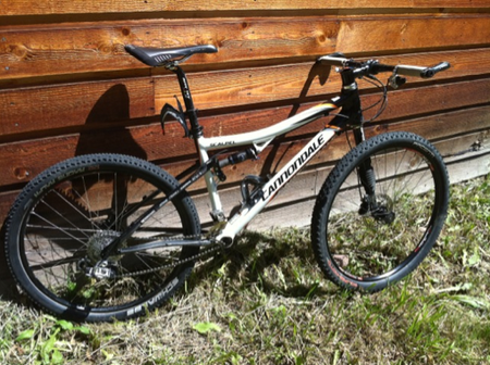 Colby Pearce's other bike, a 26er full suspension served him well until an unfortunate encounter with a rock, which broke the frame.