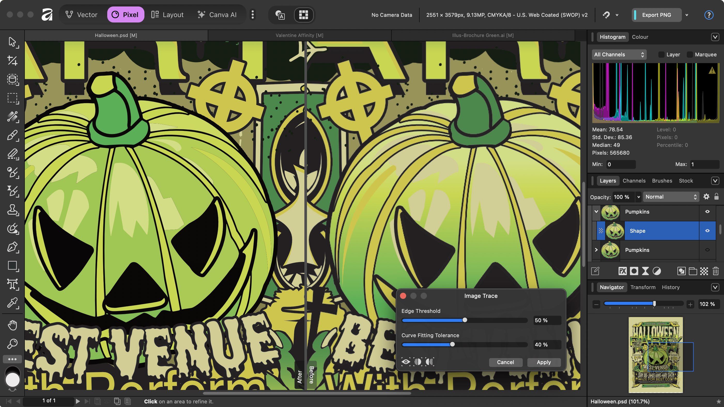 استخدام Affinity by Canva أثناء مراجعتنا، مع عرض أدوات التصميم أثناء العمل