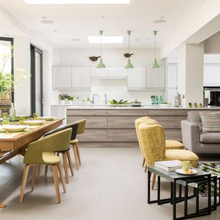 Open plan kitchen dining living area in extended home