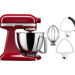 KitchenAid Artisan Mini Stand Mixer and attachments against a white background. 