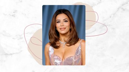 Eva Longoria is pictured wearing a pink sequin dress and with a voluminous, mid-length hairstyle, whilst attending the 5th Annual Academy Museum Gala at the Academy Museum of Motion Pictures on October 18, 2025 in Los Angeles, California/ in a white and grey marbled template with cream dots and pink swirly lines.