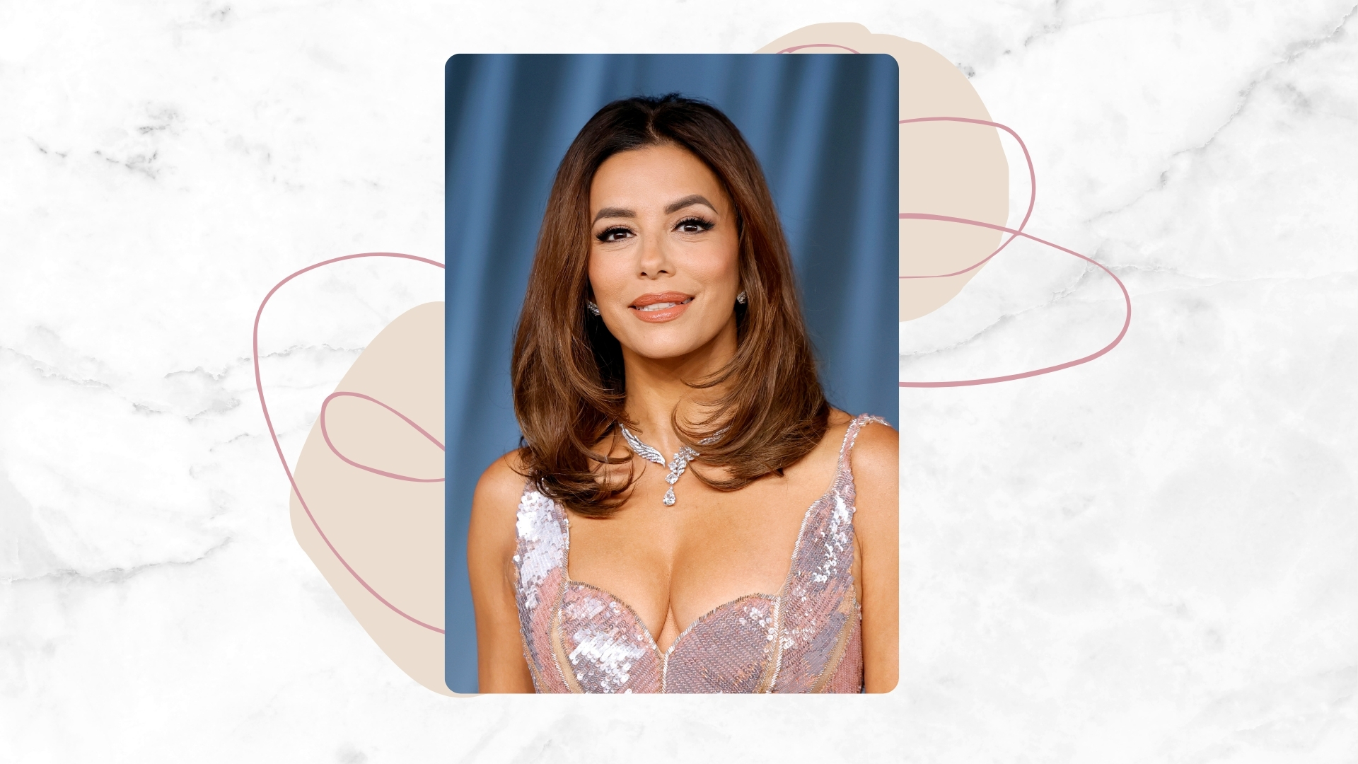 Eva Longoria is pictured wearing a pink sequin dress and with a voluminous, mid-length hairstyle, whilst attending the 5th Annual Academy Museum Gala at the Academy Museum of Motion Pictures on October 18, 2025 in Los Angeles, California/ in a white and grey marbled template with cream dots and pink swirly lines.