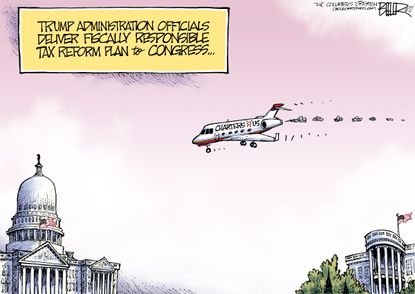 Political cartoon U.S. Trump White House charter flights tax reform