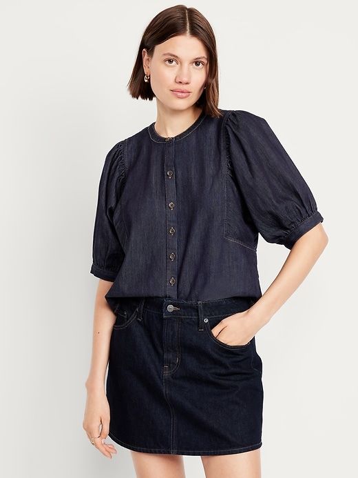 Puff-Sleeve Button-Down Cropped Denim Shirt