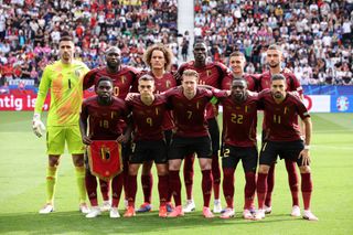 Belgium Euro 2024 squad The players of Belgium pose for a team photo prior to kick-off ahead of the UEFA EURO 2024 group stage match between Belgium and Slovakia at Frankfurt Arena on June 17, 2024 in Frankfurt am Main, Germany. (Photo by Alex Grimm/Getty Images)