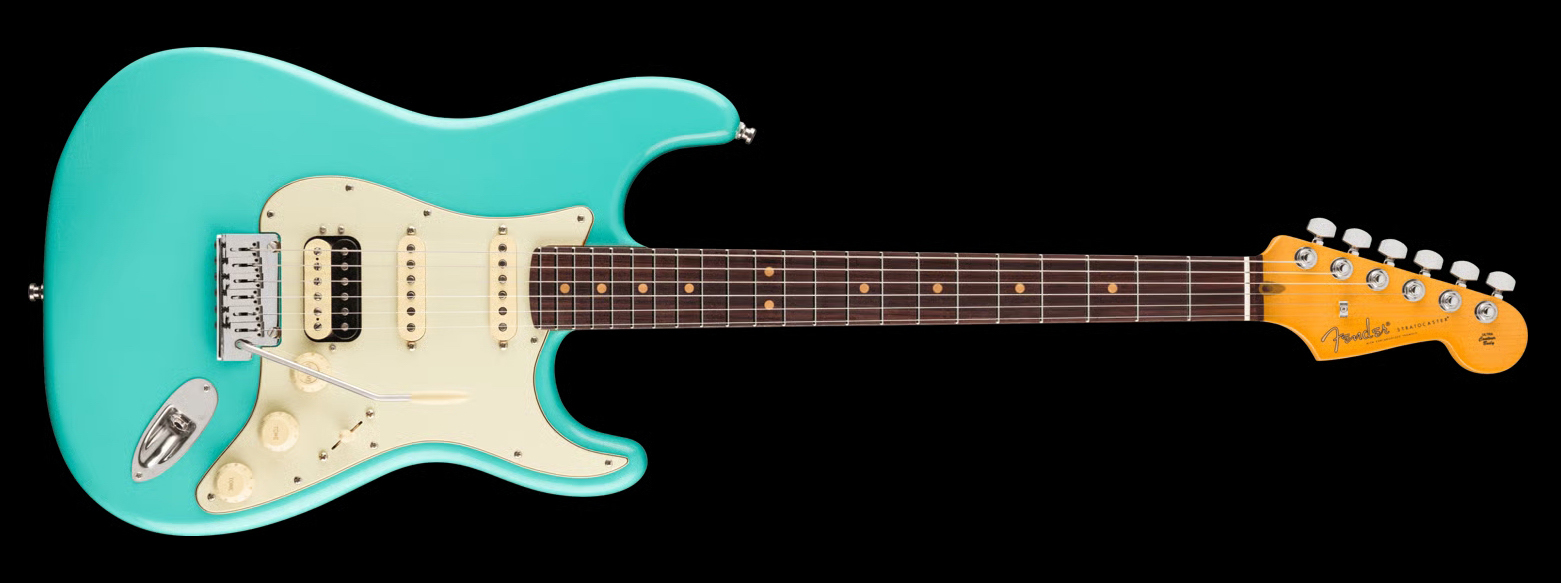 A photo of a Fender American Ultra Luxe Vintage &amp;rsquo;60s Stratocaster HSS in Sea Foam Green