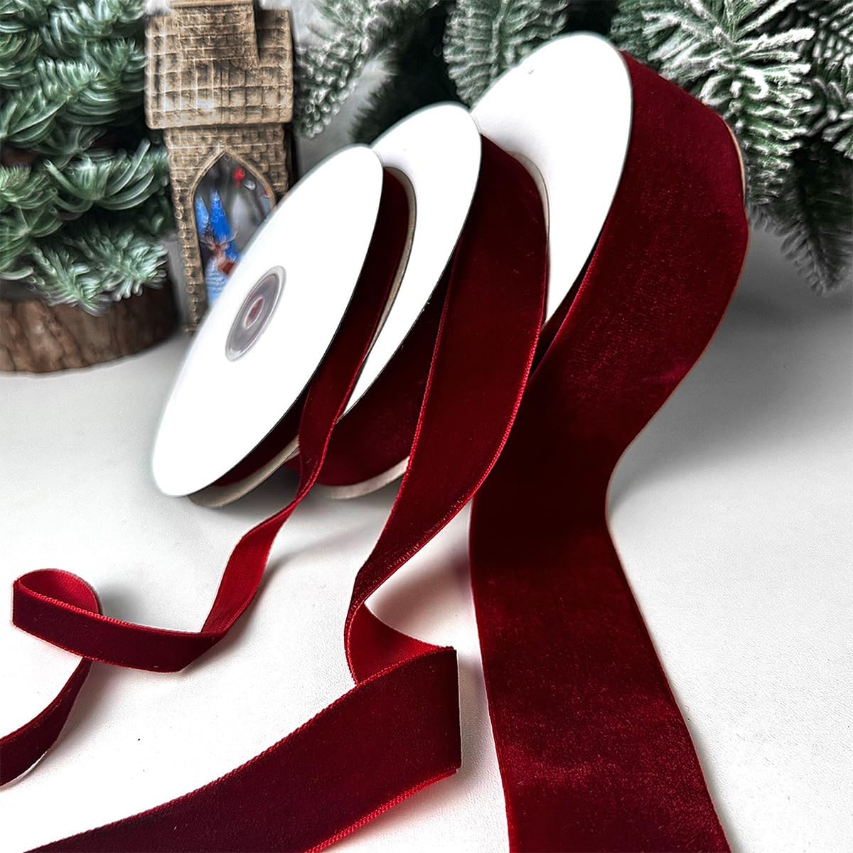 3 Rolls Christmas Vintage Velvet Ribbon for Xmas Bow Making, Rustic Wreath Garland Decor, Gift Wrapping, Bouquets Bundling, Diy Crafts, Wedding Party Favors, 3 Sizes- Total 30 Yards (burgundy)