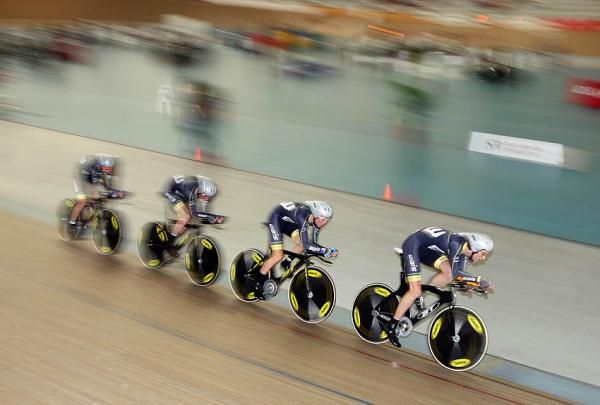 Flying: West Australia's team pursuit riders put in some laps on the track.