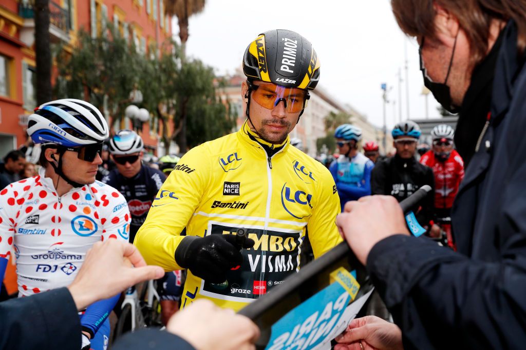 NICE FRANCE MARCH 13 Primoz Roglic of Slovenia and Team Jumbo Visma yellow leader jersey prior to the 80th Paris Nice 2022 Stage 8 a 1156km stage from Nice to Nice ParisNice WorldTour on March 13 2022 in Nice France Photo by Bas CzerwinskiGetty Images