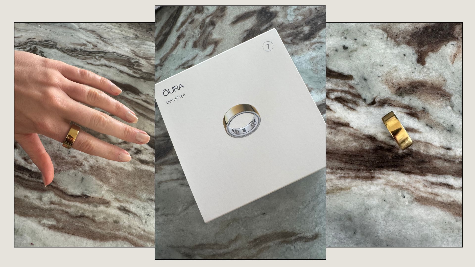 A collage of photos of the Oura Ring 4, including a photo of beauty editor Eleanor wearing the gold ring on her index finger