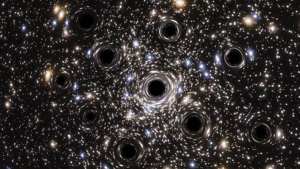 An illustration of a horde of black holes located within a star cluster. 